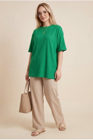 Bisiklet Yaka Fitilli Yırtmaçlı Tişort -Yeşil