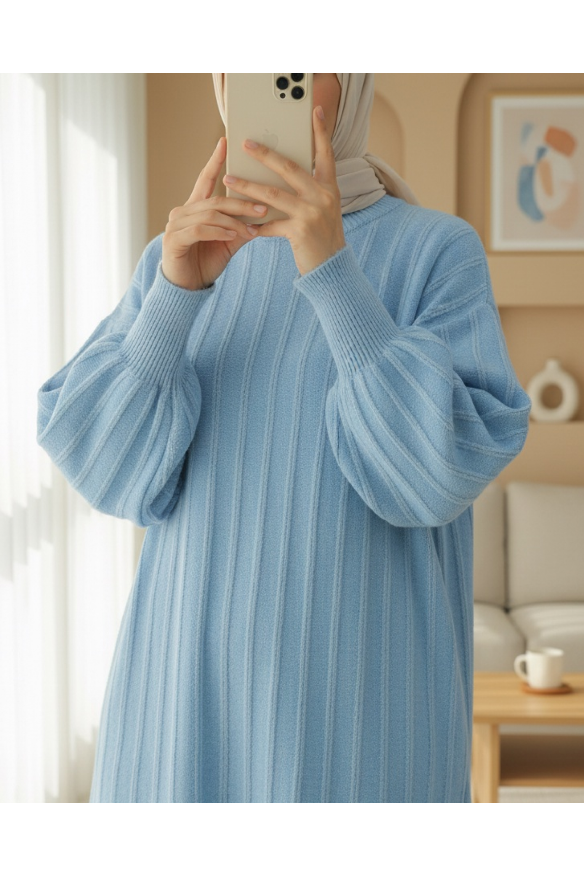 Soft Knit Tunic with Ribbed Slits -Light blue