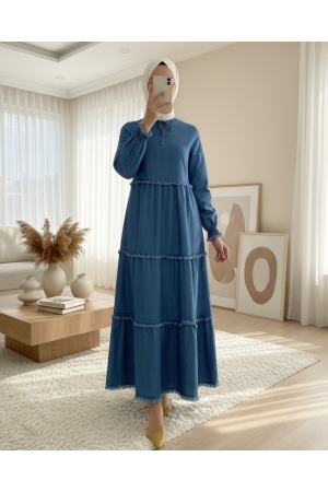 Üç Parça Yıkamalı Kot Elbise -Mavi