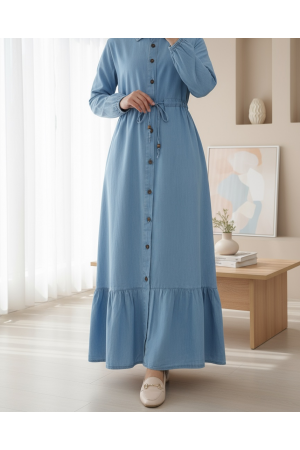 Tunnel Laced Buttoned Denim Dress -Blue