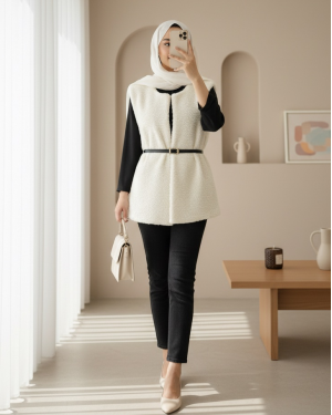 Waist Belted Double Pocket Lined Plush Vest -Ecru