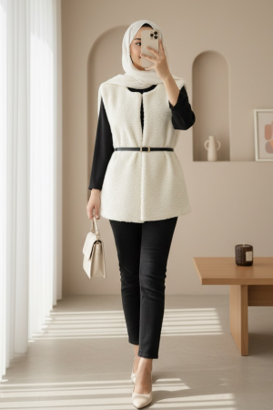 Beli Kemerli Çift Cepli Astarlı Peluş Yelek -Ekru