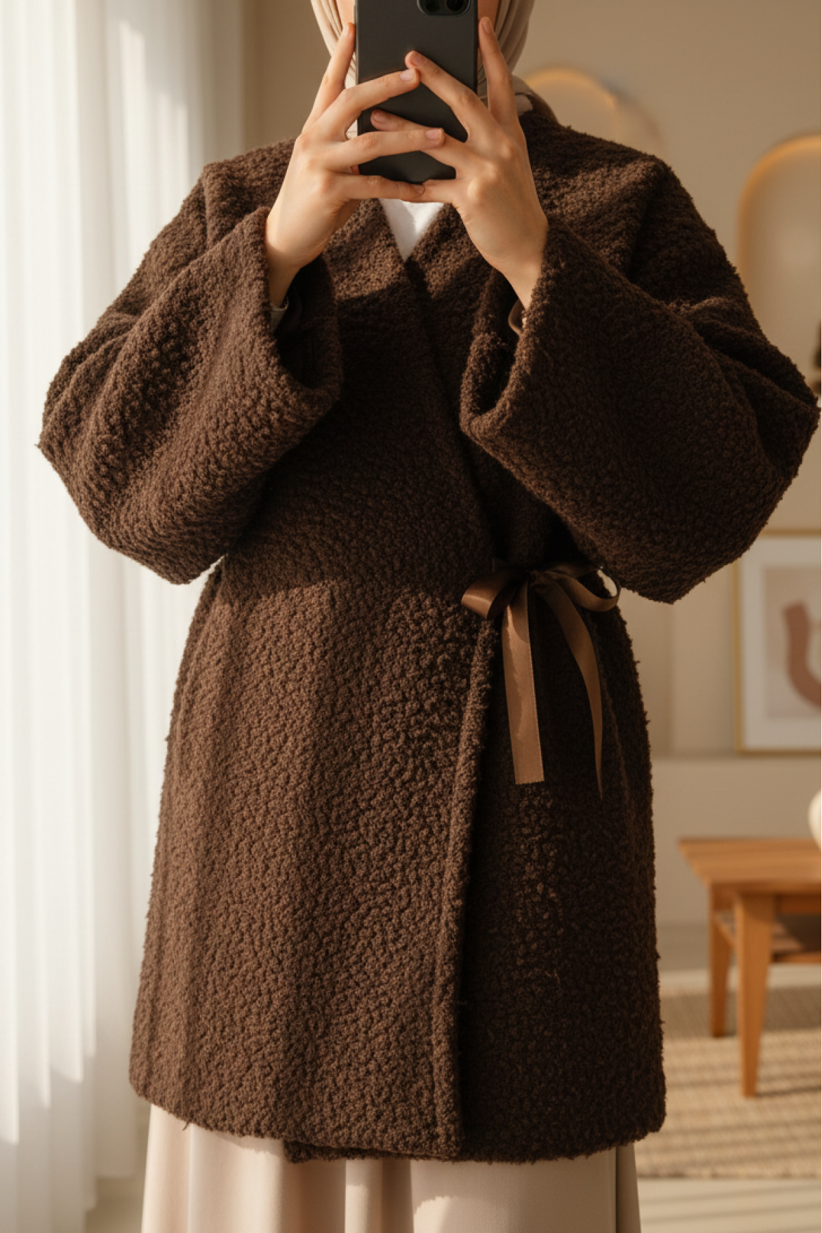 Yandan Bağlamalı Buklet Kimono   -K. Kahve