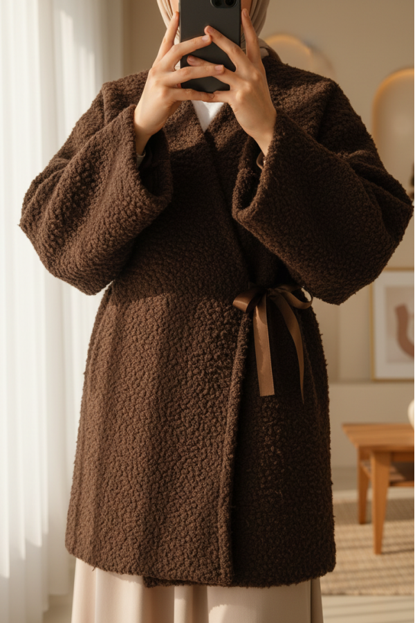 Yandan Bağlamalı Buklet Kimono   -K. Kahve