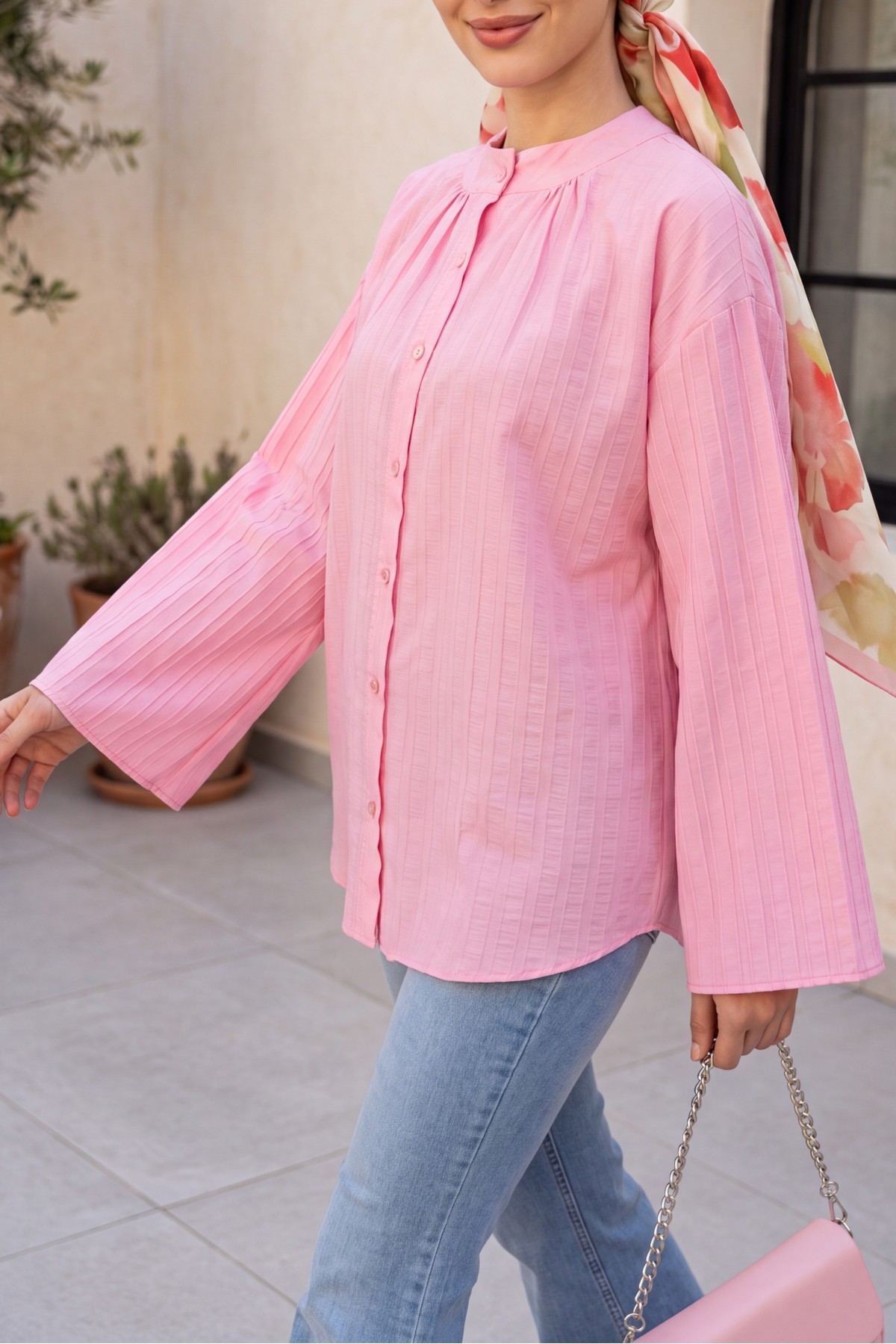 Yuvarlak Yaka Düğmeli İspanyol Kol Siena Tunik   -Pembe