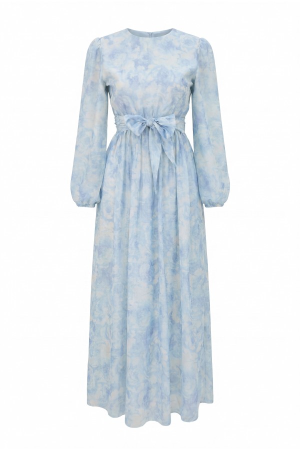 Belted Balloon Sleeve Lined Tulle Voile Dress -Baby Blue