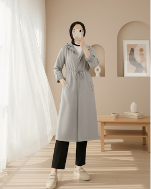 Striped Trench Coat  -Grey