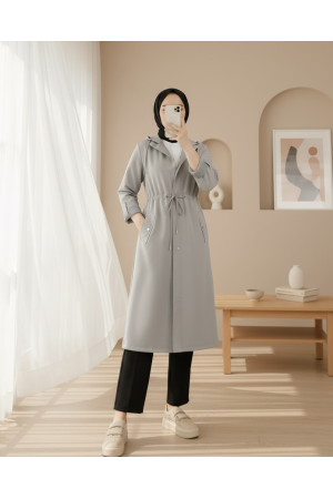 Astarı Çizgili Trençkot  -Gri