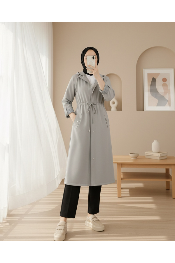 Striped Trench Coat  -Grey