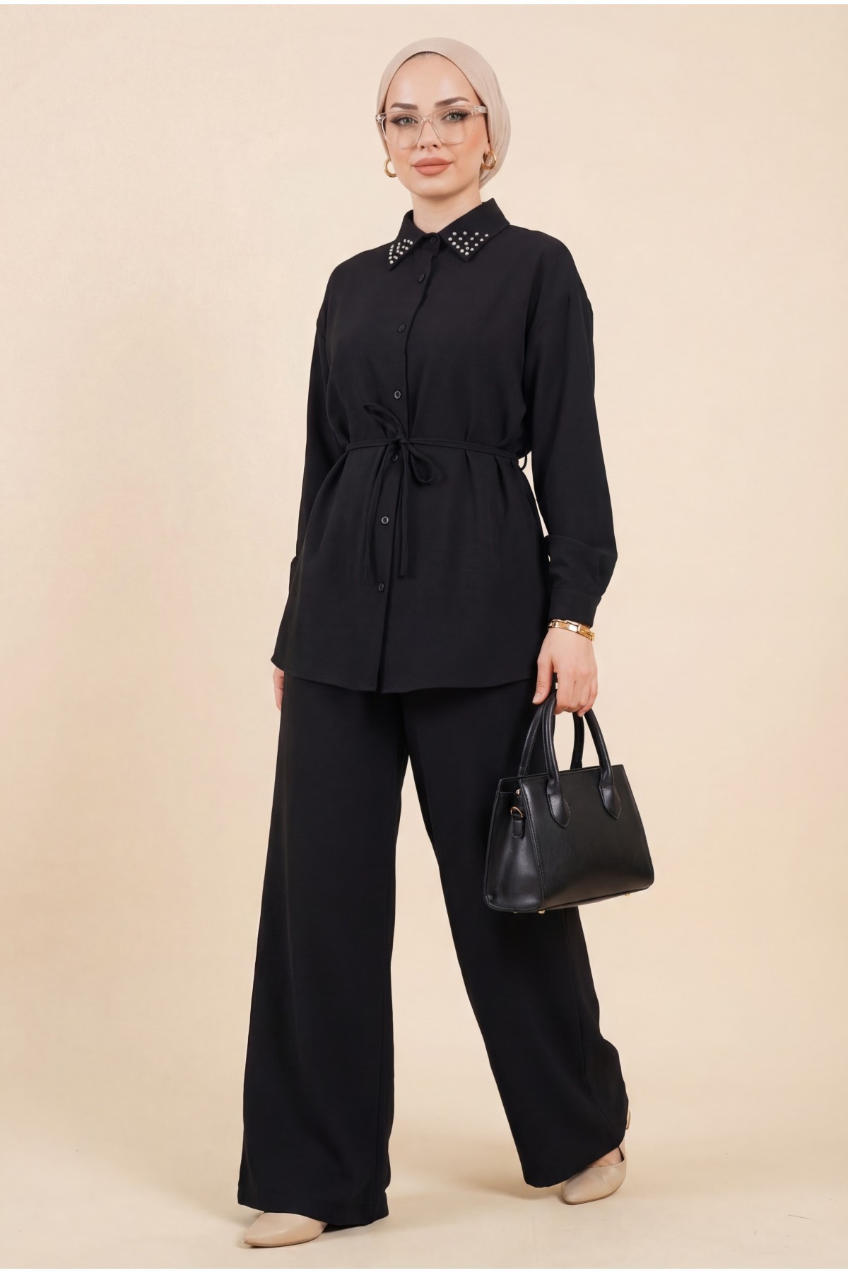 Stone Collared Waist Tied Trouser Suit -Black