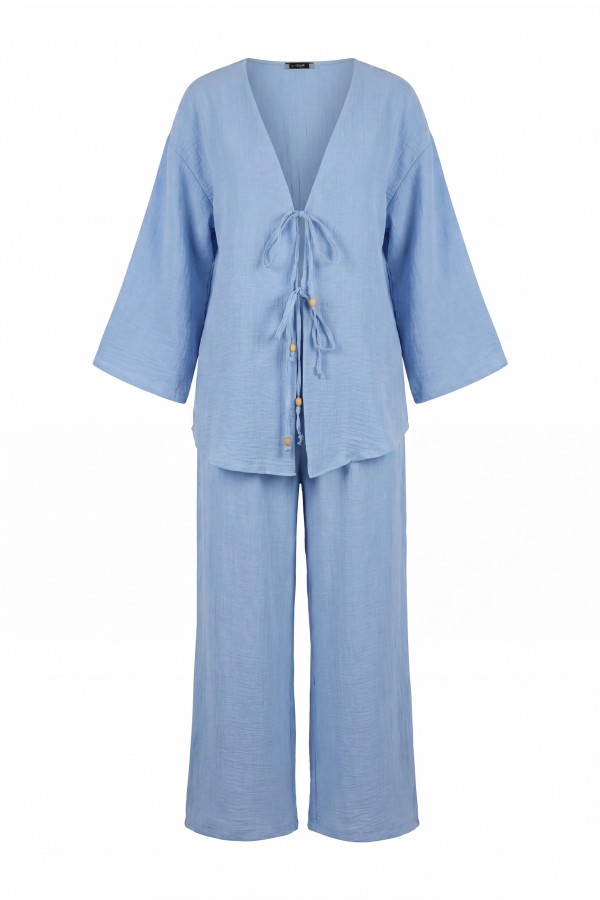 Kimono Set with Double Front Tie and Trousers        -Ice Blue