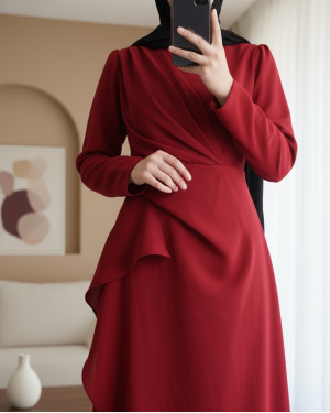 Önü Allerli Eteği Asimetrik Krep Elbise      -Kırmızı