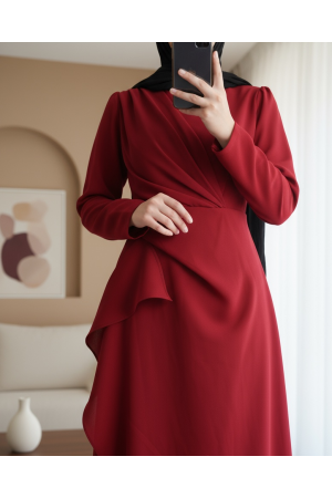 Asymmetrical Crepe Dress with Front Allery Skirt      -Red