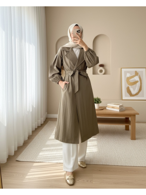 Kolu Lastikli Kemerli Astarlı Trençkot -Haki