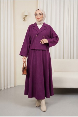 Tek Düğmeli Etekli Keçe Takım -Mürdüm