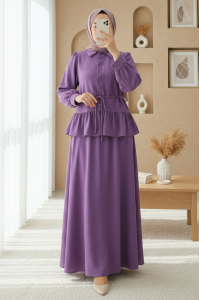 Parçalı Büzgülü Bluz Etekli Takım -Mor