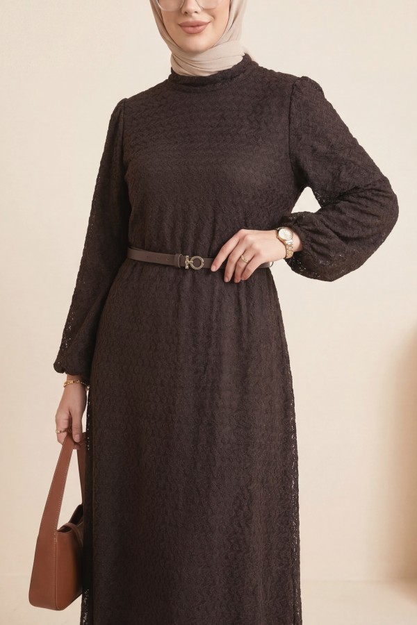 Mandarin Collar Balloon Sleeve Belted Lined Lace Dress -Brown