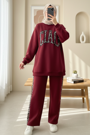 Önü Yazılı Leopar Deseni Detaylı Üç İplik Sweat Takım  -Bordo