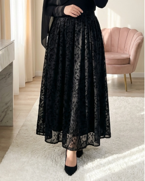 Astarlı Kemerli Kabartma Desenli Organze Etek -Siyah