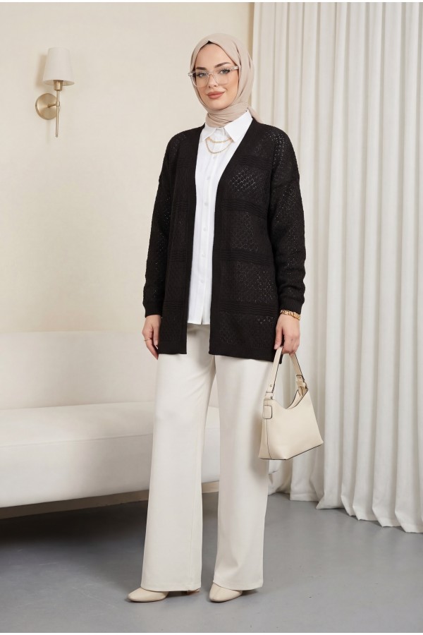 Openwork Wave Pattern Knitted Cardigan -Brown