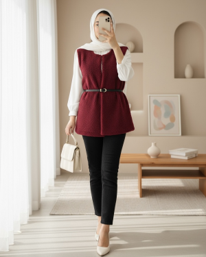 Waist Belted Double Pocket Lined Plush Vest -Maroon