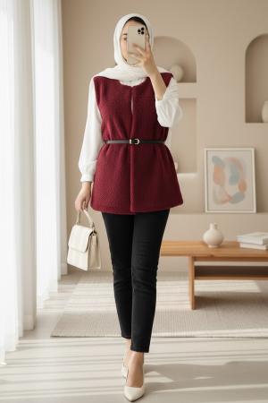 Beli Kemerli Çift Cepli Astarlı Peluş Yelek -Bordo