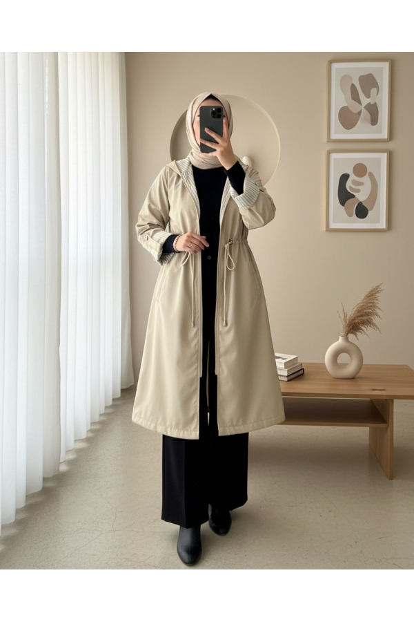 Waist Tight Quilted Lined Hooded Trench Coat -Stone