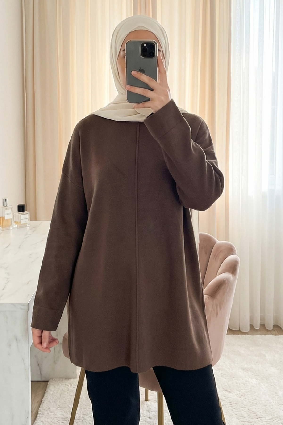 تونيك نسائي محبوك بتصميم بسيط وحزام - 20725TBLZ