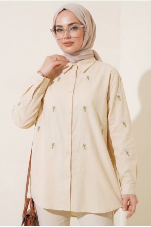 Buket Çiçek Detaylı Arkası Uzun Gömlek -Bej