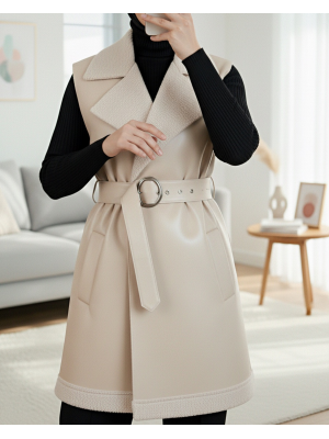 Leather Vest with Thick Belt and Fur Lined Pocket - Beige
