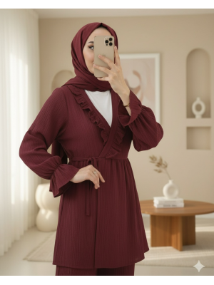 Kolu Lastikli Önü Fırfırlı Bağcıklı Krinkıl Kimono Takım -Bordo