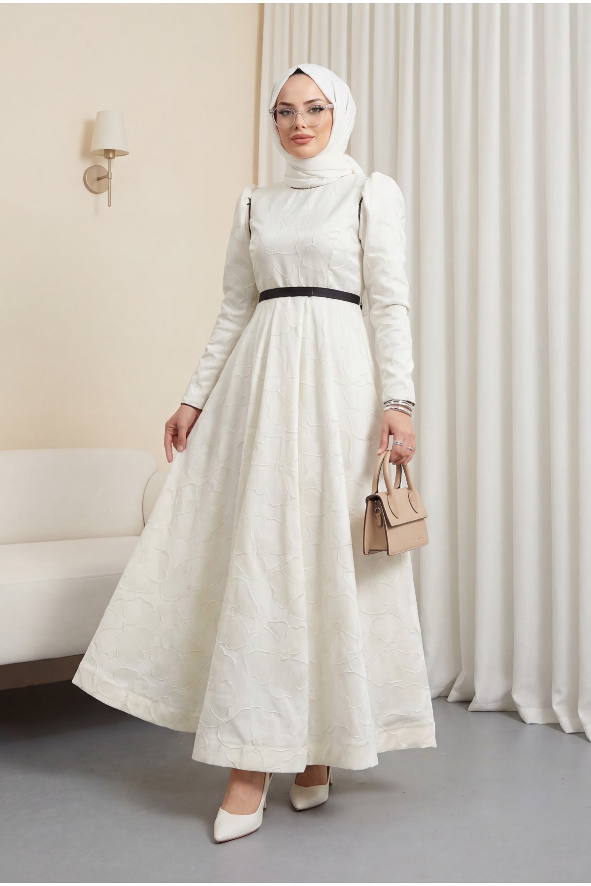 Kaftan evening dress with a cool print and a belted balloon skirt  -White