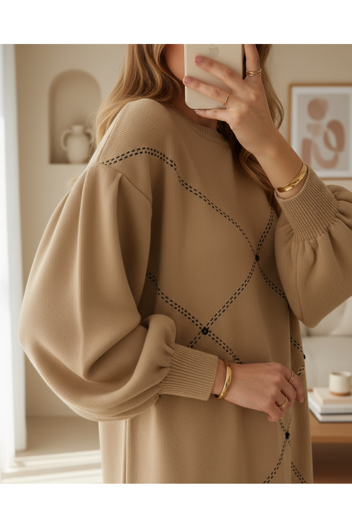 Balloon Sleeve Pearled Knitwear Tunic -Mink color