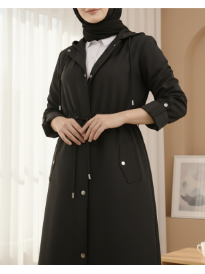 Striped Trench Coat   -Black