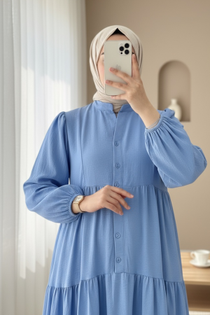 Half-Buttoned Cotton Ayrobin Dress with a Grandad Collar -Blue