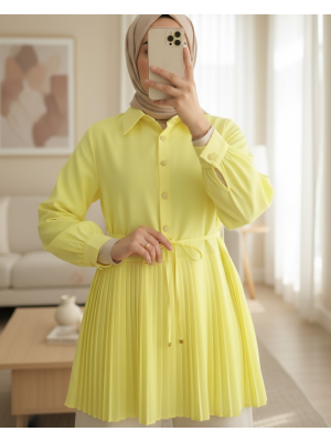 Yarım Düğmeli Beli Bağlamalı Piliseli Gömlek  -Açık Sarı