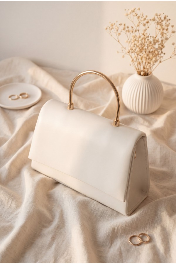 Patent Leather Evening Bag with Metal Handle and Chain Closure -White