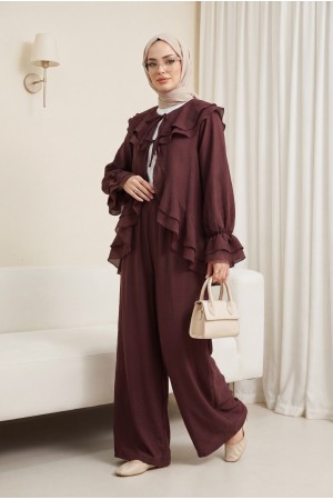 Cupra Suit with Lace-Up Front, Folded Collar, Elasticated Cuffs, and Lined Trousers -Damson