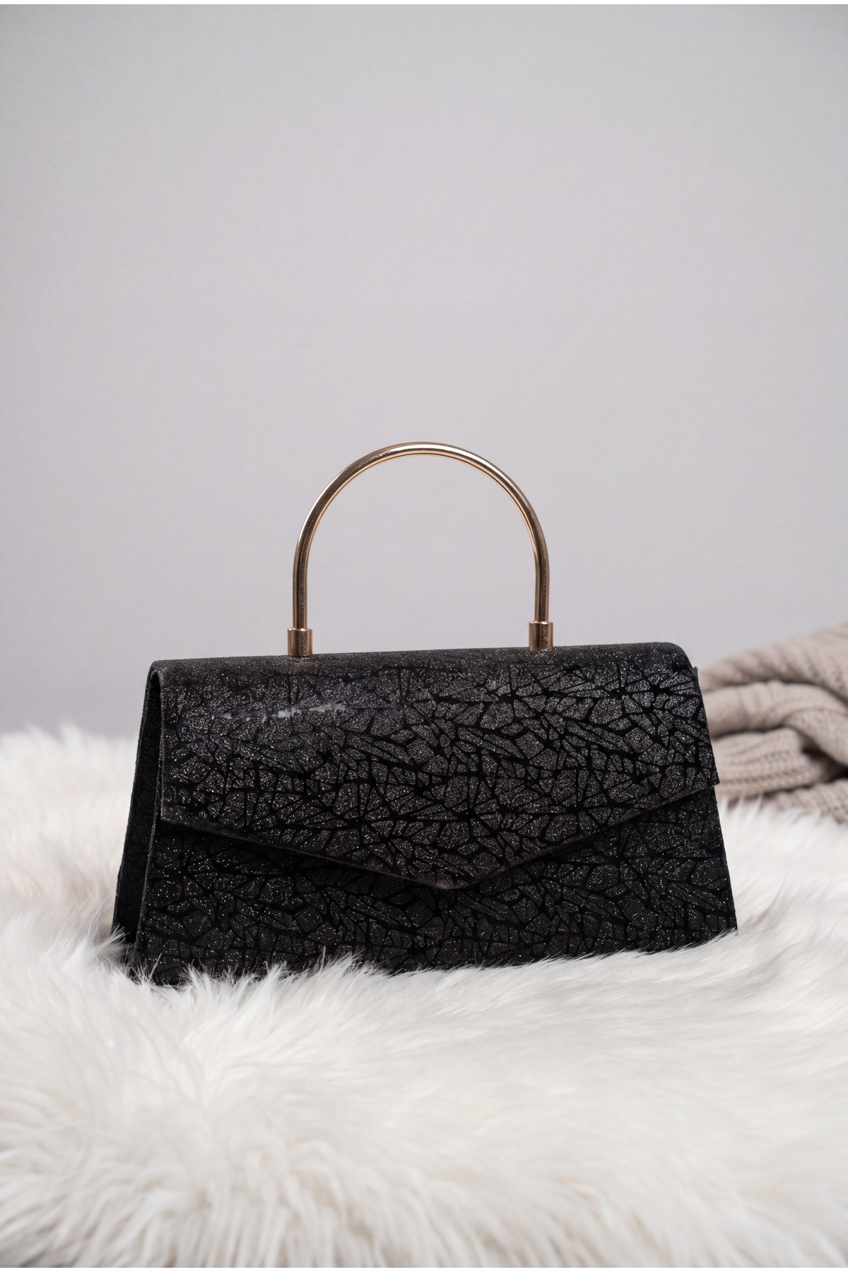 Metal Handle Chain Envelope Flap Patterned Glittery Evening Bag -Black