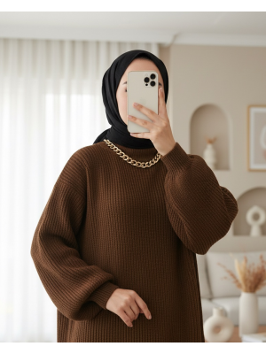 Balloon Sleeve Yumoş Knitted Knitwear Tunic   -Dark Coffee