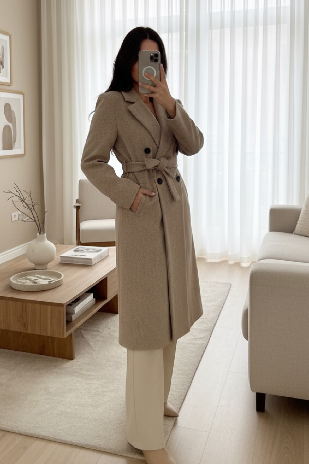 Single-Button, Pocket, Belted, Lined Cashmere Coat -Stone