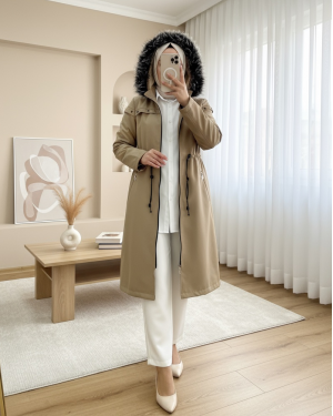 Çıkma Kapşonlu Yıldız Metal Detaylı Kaban  -Taş