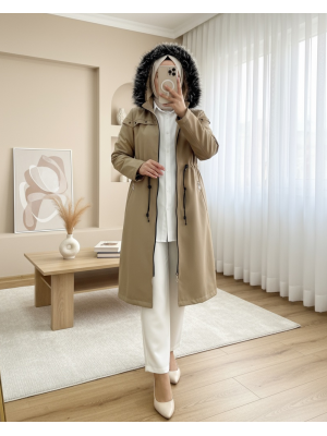 Çıkma Kapşonlu Yıldız Metal Detaylı Kaban  -Taş