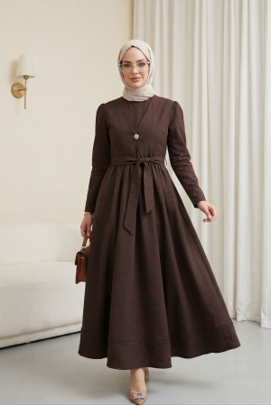 Beli Bağlamalı Lastikli Yelek Detaylı Cupra Elbise -Kahve