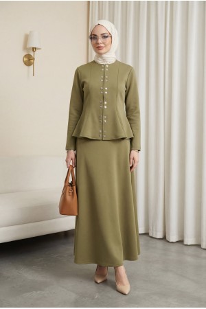 Önü Çift Çıtçıtlı Beli Volanlı Etekli Scuba Takım -Haki