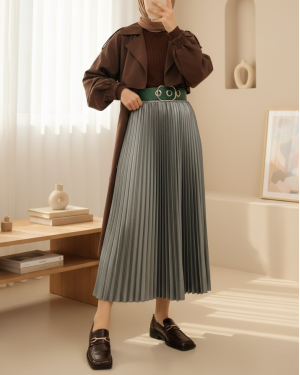 Pliseli Beli Lastikli Etek  -Füme