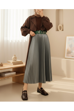 Pliseli Beli Lastikli Etek  -Füme