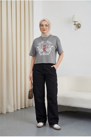 Yuvarlak Yaka Baskılı Crop Tişort -Gri