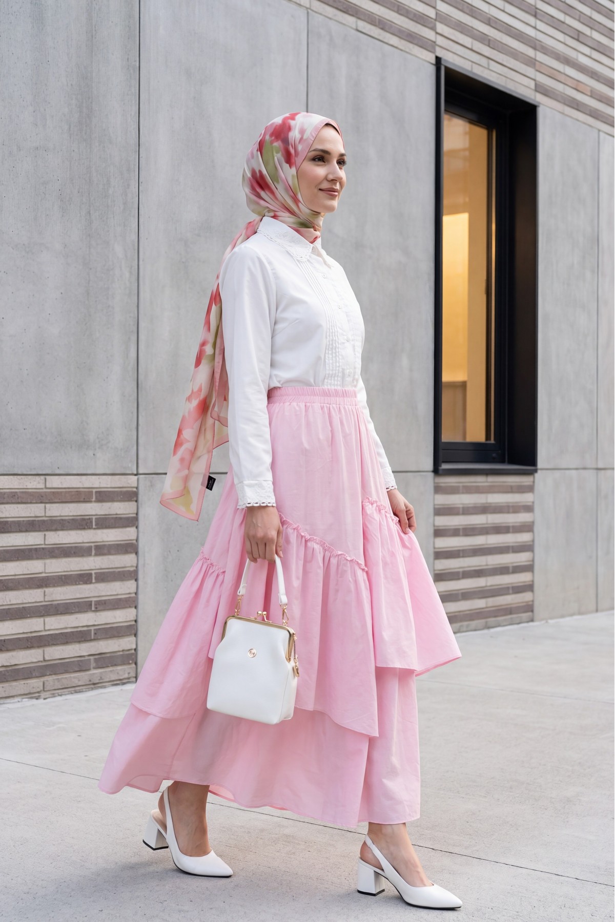 Asymmetrical, Ruffled, Lined Voile Skirt with Elastic Waistband -Pink