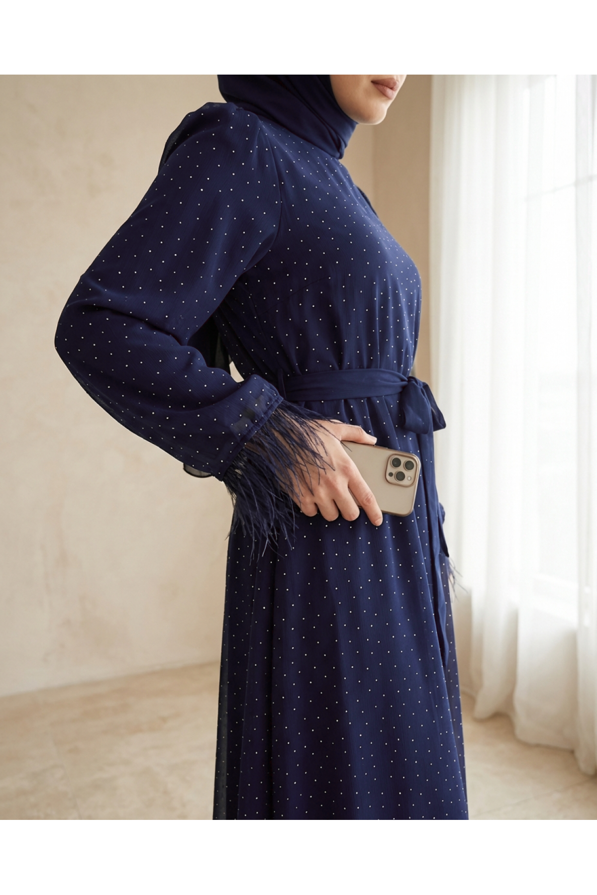 Belted Dress with Feathered Sleeves and Sprinkled Stone Details -Navy blue